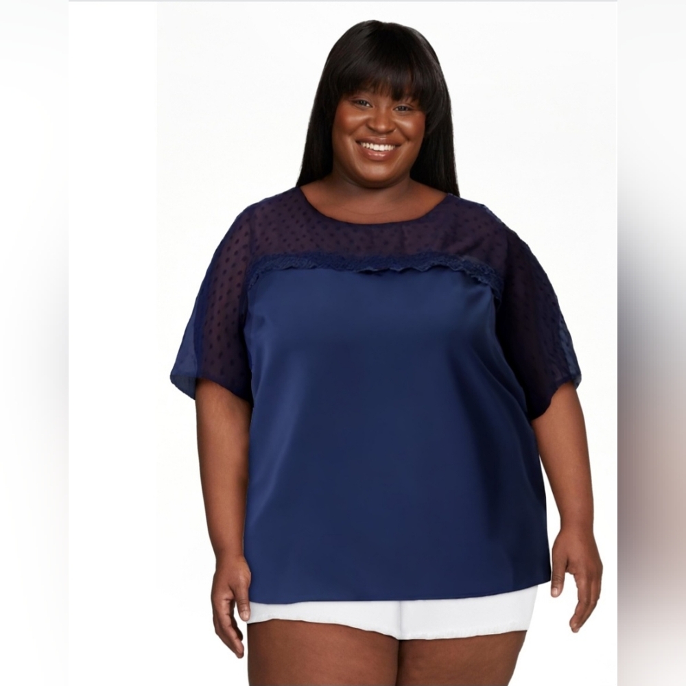 Navy Semi Sheer Blouse with Lace Trim, Swiss Dot, 2x Plus